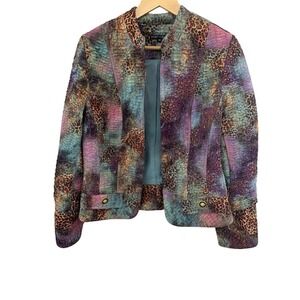 BOHO CHIC Textured Animal Print‎ Jacket Teal Purple Orange Gold Button SZ 14